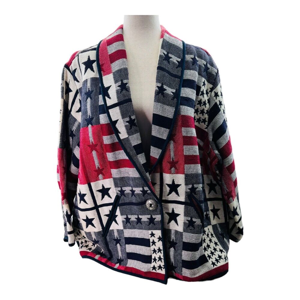 Vintage American Flag Tapestry Jacket Sz 22/24 Stars Stripes Red Blue USA